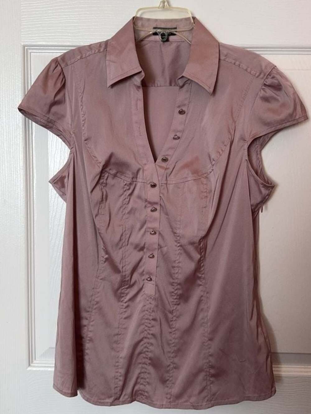 Express Elite Stretch Satin Mauve/dusty rose  Short Sleeve Button Down Blouse